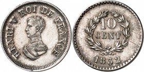 FRANCE
Henri V, prétendant (1820-1883). 10 centimes 1832, Bruxelles, essai en argent.
Av. Buste habillé à gauche. Rv. Valeur dans une couronne.
G. ...