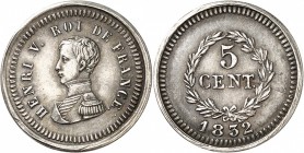 FRANCE
Henri V, prétendant (1820-1883). 5 centimes 1832, Bruxelles, essai en argent.
Av. Buste habillé à gauche. Rv. Valeur dans une couronne.
G. 1...