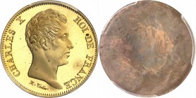 FRANCE
Charles X (1824-1830). 40 francs (1824), épreuve uniface d’avers en bronze doré, Flan bruni.
Av. Tête nue à droite. Rv. Champs lisse.
Maz. 8...
