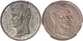 FRANCE
Charles X (1824-1830). 2 francs non daté (1827), cliché.
Av. Tête à gauche. Rv. Incus
Maz. 2614. 
PCGS SP 64. Rare, Superbe à Fleur de coin...