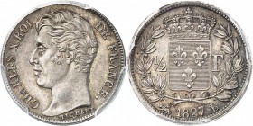 FRANCE
Charles X (1824-1830). 1/2 franc 1827, Rouen.
Av. Tête nue à gauche. Rv. Écu de France couronné, entouré d’une couronne de laurier. 
G. 402....