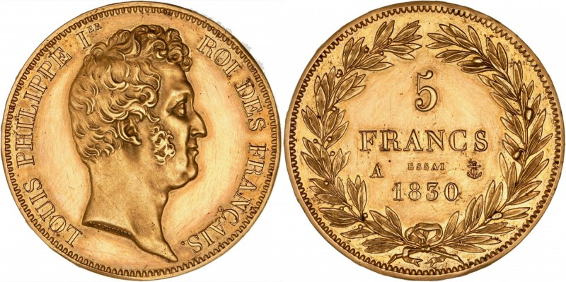 FRANCE
Louis Philippe Ier (1830-1848). 5 francs 1830 A, Paris, essai en or, tra...