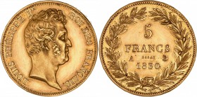 FRANCE
Louis Philippe Ier (1830-1848). 5 francs 1830 A, Paris, essai en or, tranche inscrite.
Av. Tête nue à droite. Rv. Valeur dans une couronne.
...