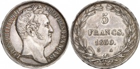 FRANCE
Louis Philippe Ier (1830-1848). 5 francs 1830 A, Paris, essai en argent par Galle, tranche inscrite. 
Av. Tête nue à droite. Rv. Valeur dans ...