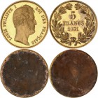 FRANCE
Louis Philippe Ier (1830-1848). 5 francs 1831, Paris, paire d’essais unifaces en cuivre doré par Galle. 
Av. Tête nue à droite. Rv. Valeur da...
