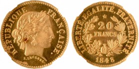 FRANCE
II° République (1848-1852). 20 francs 1848, concours de Leclerc, essai en or, tranche en relief.
Av. Tête à droite. Rv. Valeur dans une couro...