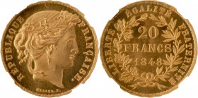 FRANCE
II° République (1848-1852). 20 francs 1848, concours de Marrel, essai en or, tranche en relief.
Av. Tête à droite. Rv. Valeur dans une couron...