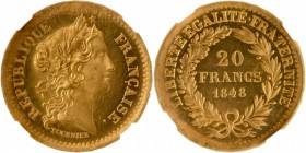 FRANCE
II° République (1848-1852). 20 francs 1848, concours de Tournier, essai en or, tranche en relief.
Av. Tête à droite. Rv. Valeur dans une cour...