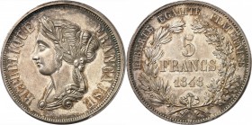 FRANCE
II° République (1848-1852). 5 francs 1848, concours de Boivin, essai en argent, tranche lisse.
Av. Tête laurée à gauche. Rv. Valeur dans une ...