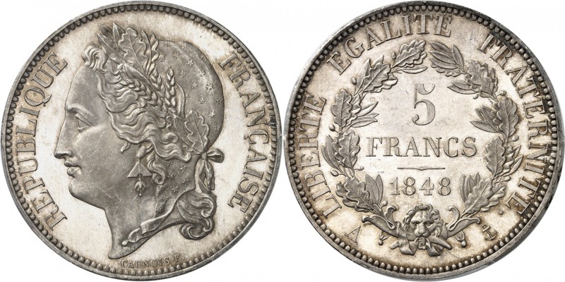 FRANCE
II° République (1848-1852). 5 francs 1848, concours de Caunois, essai en...