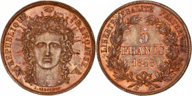 FRANCE
II° République (1848-1852). 5 francs 1848, concours de Farochon, Piéfort en bronze, tranche inscrite.
Av. Tête laurée de face Rv. Valeur dans...