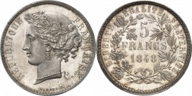 FRANCE
II° République (1848-1852). 5 francs 1848, concours de Marrel, essai en argent, tranche en relief.
Av. Tête laurée à gauche. Rv. Valeur dans ...