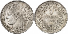 FRANCE
II° République (1848-1852). 5 francs 1849, Paris, différents main et chien.
Av. Tête de Cérès à gauche. Rv. Valeur dans une couronne. 
G. 71...
