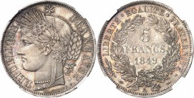 FRANCE
II° République (1848-1852). 5 francs 1849, Paris, frappe sur flan bruni. 
Av. Tête de Cérès à gauche. Rv. Valeur dans une couronne.
G. 719....