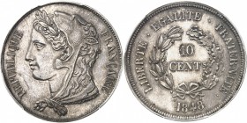 FRANCE
II° République (1848-1852). 10 centimes 1848, concours de Gayrard, essai en argent, tranche lisse.
Av. Tête laurée à gauche. Rv. Valeur dans ...