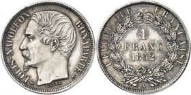 FRANCE
Louis Napoléon Bonaparte (1848-1852). 1 franc 1852, Paris.
Av. Tête nue à gauche. Rv. Valeur dans une couronne. 
G. 458. 
PCGS MS 64. Super...