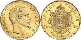 FRANCE
Napoléon III (1852-1870). 100 francs or 1859, Strasbourg.
Av. Tête nue à droite. Rv. Armoiries impériales posées sur un manteau.
G. 1135, Fr...