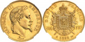 FRANCE
Napoléon III (1852-1870). 100 francs or 1862, Paris.
Av. Tête laurée à droite. Rv. Armoiries impériales posées sur un manteau.
G. 1136, Fr. ...