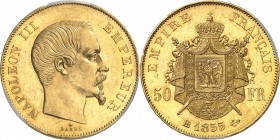 FRANCE
Napoléon III (1852-1870). 50 francs or 1855, Strasbourg.
Av. Tête nue à droite. Rv. Armoiries impériales posées sur un manteau.
G. 1111, Fr....