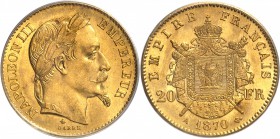 FRANCE
Napoléon III (1852-1870). 20 francs or 1870 A, Paris.
Av. Tête laurée à droite. Rv. Armoiries impériales posées sur un manteau.
G. 1062, Fr....