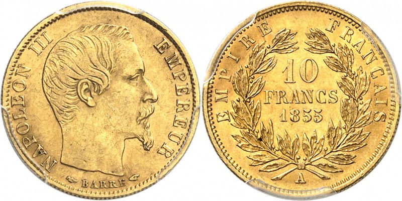 FRANCE
Napoléon III (1852-1870) 10 francs or 1855, Paris, petit module.
Av. Tê...