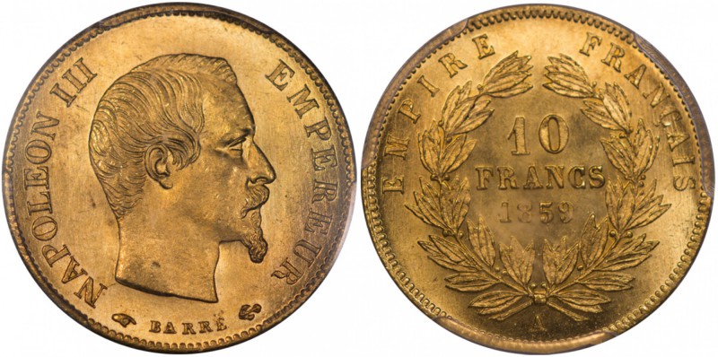 FRANCE
Napoléon III (1852-1870) 10 francs or 1859, Paris.
Av. Tête nue à droit...