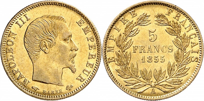 FRANCE
Napoléon III (1852-1870) 5 francs or grand module 1855, Paris.
Av. Tête...