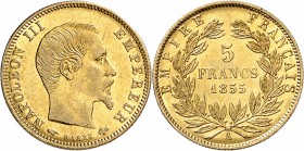 FRANCE
Napoléon III (1852-1870) 5 francs or grand module 1855, Paris.
Av. Tête nue à droite. Rv.Valeur dans une couronne.
G. 1001 - F. 501.1. 1,61 ...