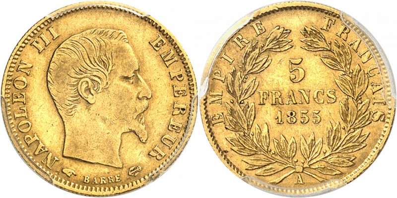 FRANCE
Napoléon III (1852-1870). 5 francs or 1855, Paris, tranche cannelée, gra...