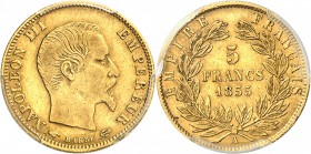FRANCE
Napoléon III (1852-1870). 5 francs or 1855, Paris, tranche cannelée, grand module.
Av. Tête nue à droite. Rv. Valeur dans une couronne.
G. 1...