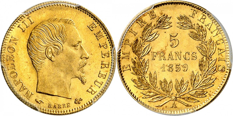 FRANCE
Napoléon III (1852-1870). 5 francs or 1859, Paris.
Av. Tête nue à droit...