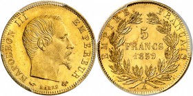 FRANCE
Napoléon III (1852-1870). 5 francs or 1859, Paris.
Av. Tête nue à droite. Rv. Valeur dans une couronne.
G. 1001. 1,61 grs. 
PCGS MS 64. Exe...