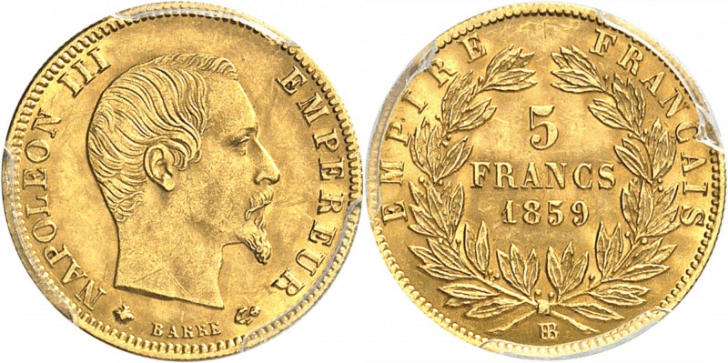 FRANCE
Napoléon III (1852-1870). 5 francs or 1859, Strasbourg.
Av. Tête nue à ...