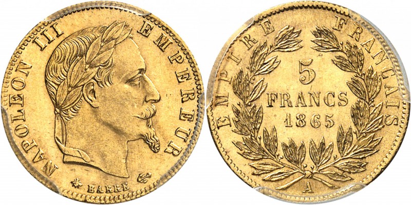 FRANCE
Napoléon III (1852-1870). 5 francs or 1865, Paris.
Av. Tête laurée à ga...