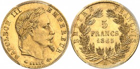 FRANCE
Napoléon III (1852-1870). 5 francs or 1865, Paris.
Av. Tête laurée à gauche. Rv. Valeur dans une couronne.
G. 1002.
PCGS MS 65. Fleur de co...