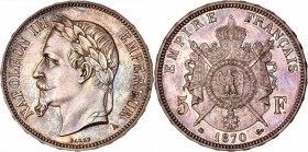 FRANCE
Napoléon III (1852-1870). 5 francs 1870, Paris, frappe sur flan bruni.
Av. Tête laurée à gauche. Rv. Armoiries impériales posées sur un mante...