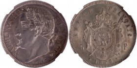 FRANCE
Napoléon III (1852-1870). 5 francs 1870, essai en argent de Veyrat.
Av. Tête laurée à gauche. Rv. Armoiries impériales posées sur un manteau....