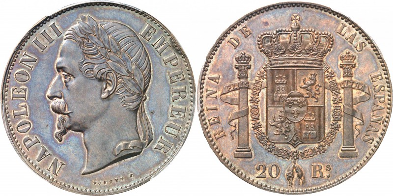 FRANCE
Napoléon III (1852-1870). 20 reales non daté (1855), essai hybride en br...