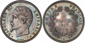 FRANCE
Napoléon III (1852-1870). 2 francs 1853, Paris.
Av. Tête nue à gauche. Rv. Valeur dans une couronne.
G. 523.
PCGS PL 65. Spectaculaire frap...