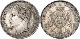 FRANCE
Napoléon III (1852-1870). 2 francs 1868, essai, tranche lisse.
Av. Tête laurée à gauche. Rv. Armoiries impériales posées sur un manteau.
G. ...