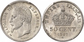 FRANCE
Napoléon III (1852-1870). 50 centimes 1865, Bordeaux.
Av. Tête laurée à gauche. Rv. Couronne impériale.
G. 417. 2,49 grs.
PCGS MS 67. Rare ...