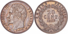 FRANCE
Napoléon III (1852-1870). 20 centimes 1853, Paris, épreuve du type à la grosse tête, tranche cannelée.
Av. Tête nue à gauche. Rv. Valeur dans...