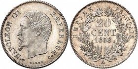 FRANCE
Napoléon III (1852-1870). 20 centimes 1858 A, Paris.
Av. Tête nue à gauche. Valeur dans une couronne.
G. 305. 1 grs.
Année peu commune, pre...