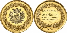FRANCE
Napoléon III (1852-1870). Médaille en or 1870, offerte à Monsieur Angelot, ayant offert sa collection de monnaies à la ville de Versailles.
A...