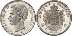 FRANCE
Napoléon IV (1856-1879). 5 francs 1874, Bruxelles, essai en bronze argenté.
Av. Tête nue à gauche. Rv. Armoiries impériales posées sur un man...