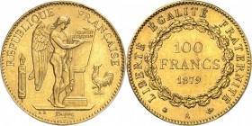 FRANCE
III° République (1870-1940). 100 francs or 1879, Paris, ancre simple.
Av. Le Génie gravant le mot constitution sur une table. Rv. Valeur dans...