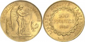 FRANCE
III° République (1870-1940). 100 francs or 1886, Paris.
Av. Le Génie gravant le mot constitution sur une table. Rv. Valeur dans une couronne....