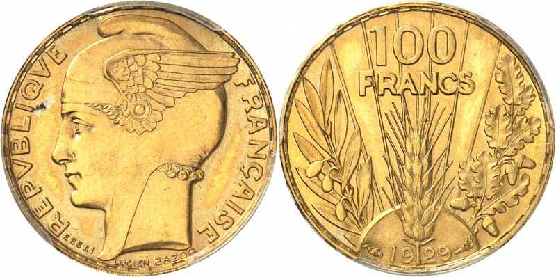 FRANCE
III° République (1870-1940). 100 francs Bazor 1929, essai en or.
Av. Tê...
