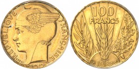 FRANCE
III° République (1870-1940). 100 francs Bazor 1929, essai en or.
Av. Tête de Marianne avec casque ailé à gauche. Rv. Epi de blé sous la valeu...