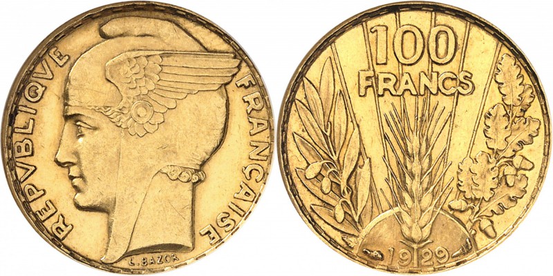 FRANCE
III° République (1870-1940). 100 francs or Bazor 1929.
Av. Tête de Mari...